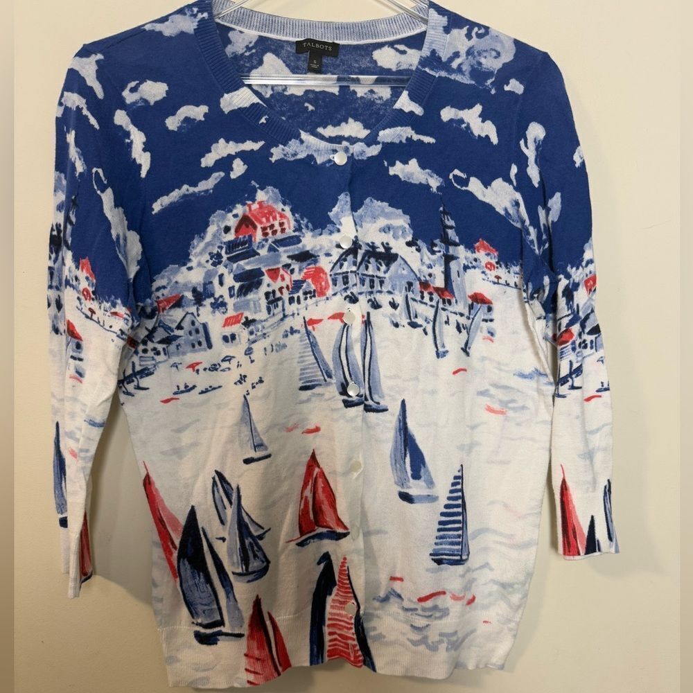 Talbots Sailboat Regatta Cardigan Sweater Cotton Knit Size Small